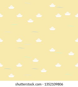 Stylized paper boats, origami boats, paper steamers sailing on a large body of water, lake, sea, ocean, river, with colorful waves. Seamless pattern or illustration in minimal, cute, retro style.