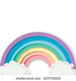 Stylized paper cutout rainbow and clouds isolated on white background. Paper pastel colored rainbow