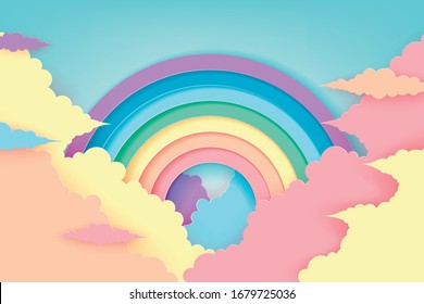 Stylized paper cutout rainbow and clouds background. Paper pastel colored rainbow. Vector art and illustration