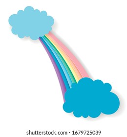 Stylized paper cutout rainbow and clouds isolated on white background. Paper pastel colored rainbow