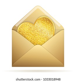 Stylized Paper Envelope with Golden Glittering Heart. Isolated Design Element Realistic Mockup Postcard for Greeting Card, Invitation, Congratulation, Wish.