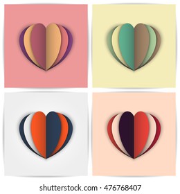 Stylized paper hearts in different color combinations