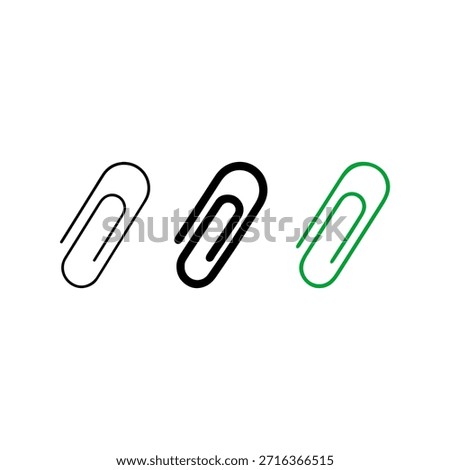 Stylized paperclip illustrations in three styles
Three paperclip graphics arranged side by side in black and green. Each features a unique stroke weight and outline.
