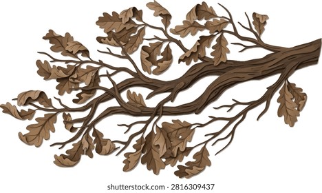 A stylized paper-cut style illustration of an oak tree branch with dried brown autumn leaves isolated on a white background.