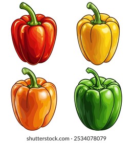 Adesivos estilizados de paprica com um contorno. Um conjunto de pimentos de diferentes cores. Um modelo para o design de adesivos, embalagens de produtos e lembranças. 