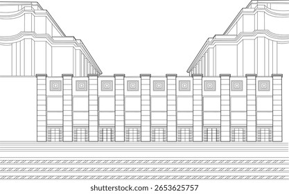 Stylized Paris building illustration, featuring clean lines, geometric shapes, and a symmetrical, minimalist design with tracks.