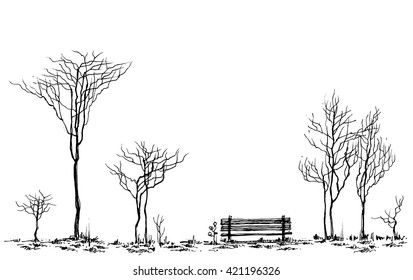 Stylized Park Decor, Bench And Trees Drawing