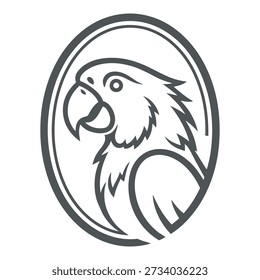 Stylized parrot head in oval frame simple graphic design bird profile