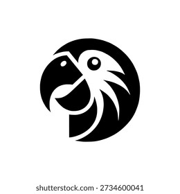 Stylized Parrot Head Vector Logo in Black and White Minimalist Circular Illustration for Modern Branding