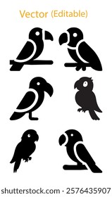 stylized parrot silhouettes vector illustration. six black parrot silhouettes for graphic design. minimalistic parrot vector set with editable text.
