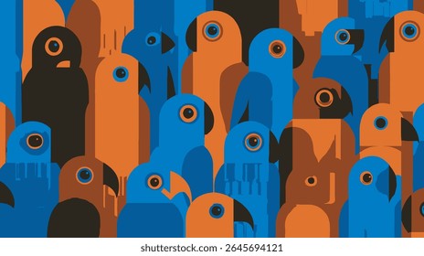 Stylized parrots congregate forming patterned tropical background design detail