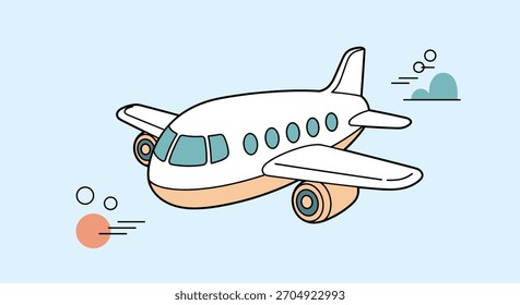 Avión de pasajeros estilizado volando a través de un cielo azul claro con nubes minimalistas y líneas de movimiento en una linda ilustración de dibujos animados.
