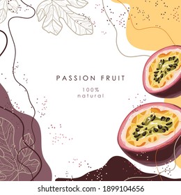 Stylized Passion Fruit On An Abstract Background. Ripe Passion Fruit. Postcard, Banner, Poster, Sticker, Print, Advertising Materials. Vector Illustration.