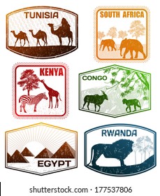 Stylized passport grunge rubber stamps of various African countries, vector illustration