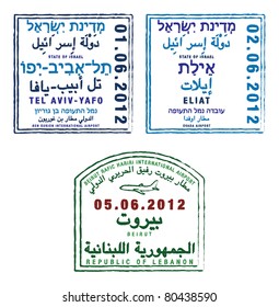 Sellos de pasaporte estilizados de Israel y Líbano en formato vectorial.