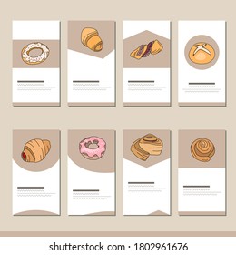 Stylized pastry on beige background. Set with different templates. Cards for your design and advertisement