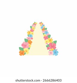A stylized path lined with multicolored hibiscus flowers and leaves. The flowers are in shades of pink, yellow, orange, and light blue.