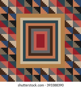 Stylized pattern of American Indians of Pre-Columbian era. Geometric print with Peruvian and Aztec motifs. Triangles, stair ornament, geometric borders. Ethnic textile collection. Rectangle gradation.