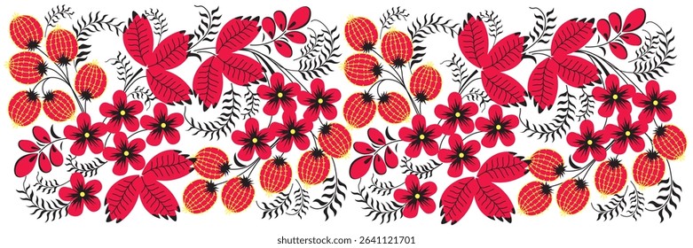 Stylized pattern of berries and flowers on a transparent background in three colors.