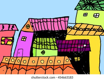 stylized pattern of the city, the stylization of the city , children's art , line art , colored houses , colorful city