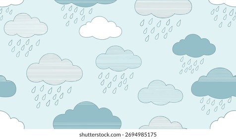Stylized pattern with clouds and rain on a light blue background creates a playful, modern feel, ideal for design projects.