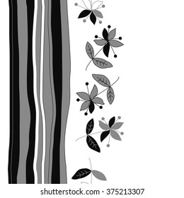 Stylized pattern, doodles, branches,objects,leaves, seamless, vertical,floral,flowers,stripes, copy space. Hand drawn.