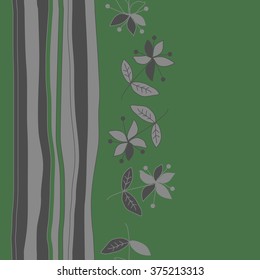 Stylized pattern, doodles, branches,objects,leaves, seamless, vertical,floral,flowers,stripes, copy space. Hand drawn.