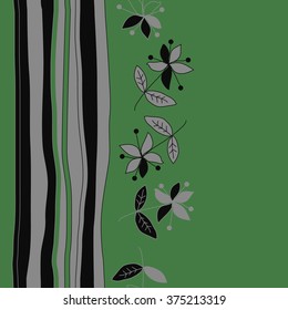 Stylized pattern, doodles, branches,objects,leaves, seamless, vertical,floral,flowers,stripes, copy space. Hand drawn.