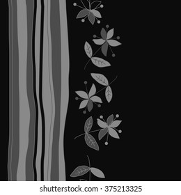 Stylized pattern, doodles, branches,objects,leaves, seamless, vertical,floral,flowers,stripes, copy space. Hand drawn.