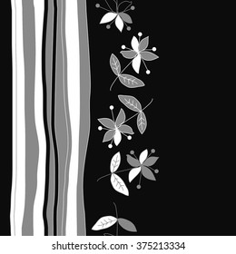 Stylized pattern, doodles, branches,objects,leaves, seamless, vertical,floral,flowers,stripes, copy space. Hand drawn.