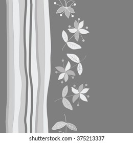 Stylized pattern, doodles, branches,objects,leaves, seamless, vertical,floral,flowers,stripes, copy space. Hand drawn.