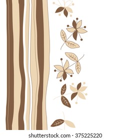 Stylized pattern, doodles, branches,objects,leaves, seamless, vertical,floral,flowers,stripes, copy space. Hand drawn.