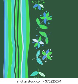 Stylized pattern, doodles, branches,objects,leaves, seamless, vertical,floral,flowers,stripes, copy space. Hand drawn.