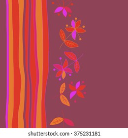 Stylized pattern, doodles, branches,objects,leaves, seamless, vertical,floral,flowers,stripes, copy space. Hand drawn.