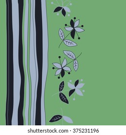 Stylized pattern, doodles, branches,objects,leaves, seamless, vertical,floral,flowers,stripes, copy space. Hand drawn.