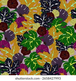 Stylized pattern with figs and leaves, inspired by natural forms. Ideal for textiles, packaging and autumn decor