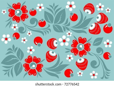 Stylized pattern with flowers and berries on a green background.