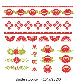 Stylized pattern, folk art, floral ornament in red and green colors. Symmetrical pattern vector background