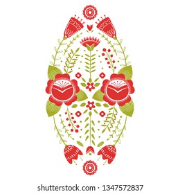 Stylized pattern, folk art, floral ornament in red and green colors. Symmetrical pattern vector background. Red and green colors