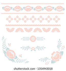 Stylized pattern, folk art, floral ornament in pink and blue colors. Symmetrical pattern vector background