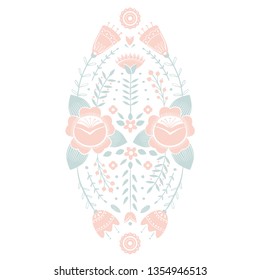 Stylized pattern, folk art, floral ornament in red and green colors. Symmetrical pattern vector background. Pink and blue colors