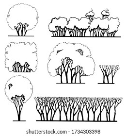 Stylized pattern of formed bushes.
Made by hand in graphic technique.