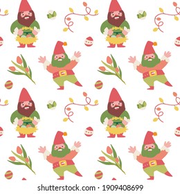 Сheerful stylized pattern with gnomes, easter eggs and a bouquet of tulips on a white background