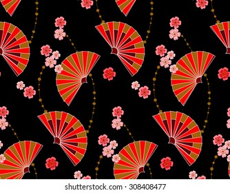 Stylized pattern with the Japanese fans and sakura flowers on a black background. Between the fans and flowers are located strands of beads.