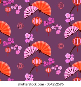 The stylized pattern in the Japanese style: sakura, Japanese lanterns and fans on the spring festival. It can be used for textile and wrapping paper.