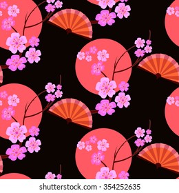 The stylized pattern in the Japanese style: spring cherry blossom festival. Hieroglyphics translated "cherry tree". It can be used for textile and wrapping paper.