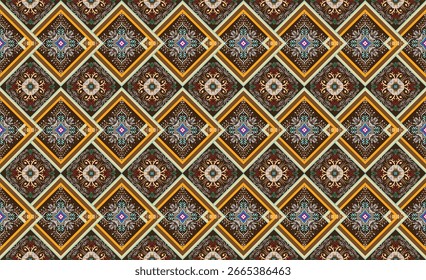 Stylized pattern printing for clothing. Trendy, contemporary ethnic seamless pattern, embroidery cross, diamonds, chevrons.