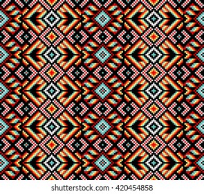 Stylized pattern printing for clothing. Trendy, contemporary ethnic seamless pattern, embroidery cross, diamonds, chevrons.