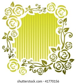 Stylized pattern  with roses and curves on a striped background.
