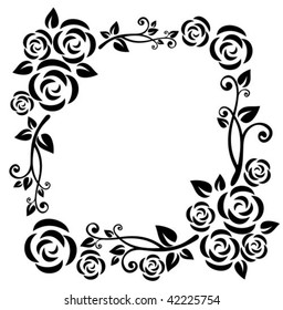 Stylized pattern  with roses and curves on a white background.